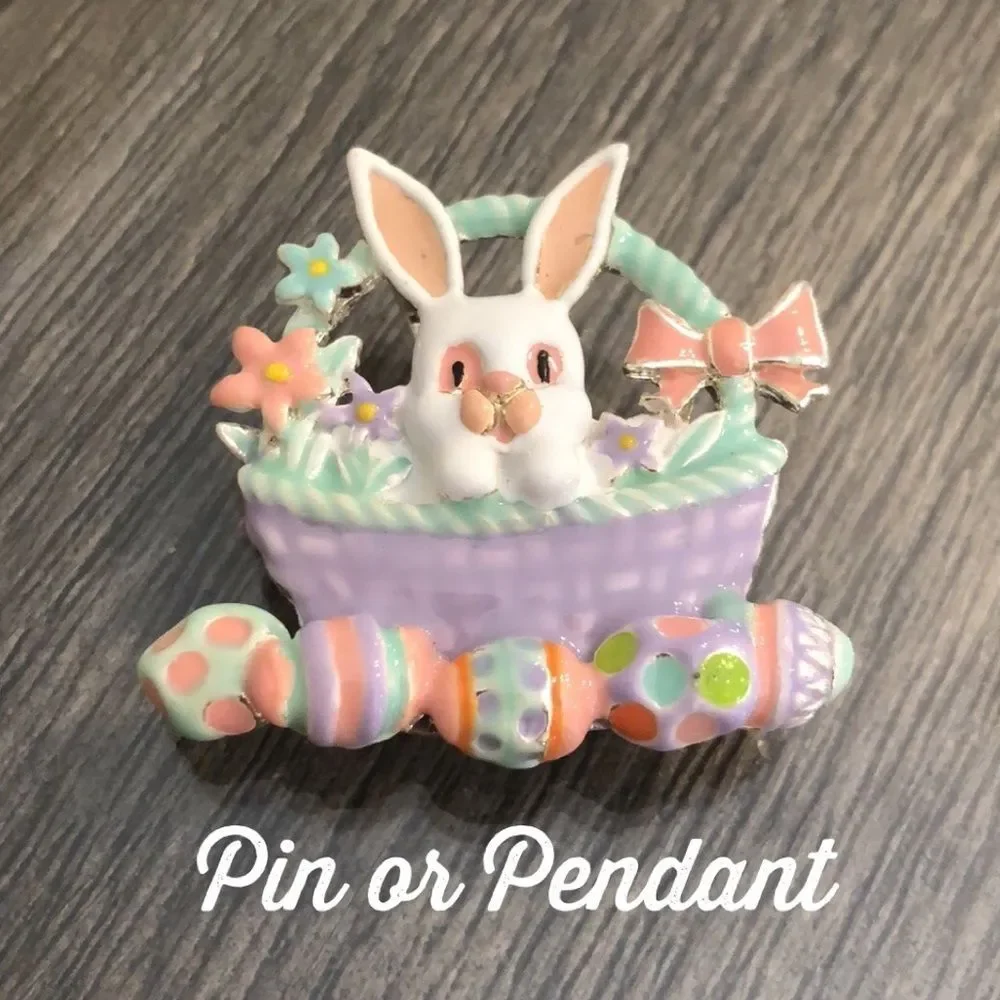 Rabbit in Easter Basket Silvertone & Enamel Easter Pin / Pendant